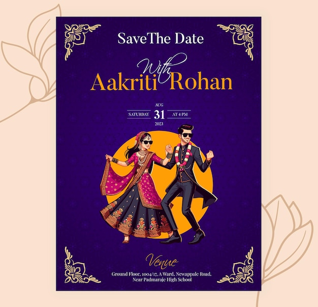 Vector vector traditional royal wedding invitation card design with indian bride and groom dancing