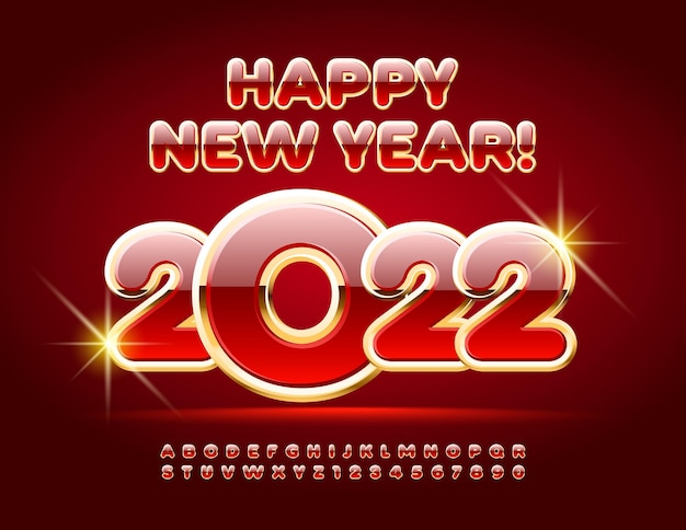 Vector traditionele wenskaart Happy New Year 2022 rode en gouden Alfabetletters en cijfers set
