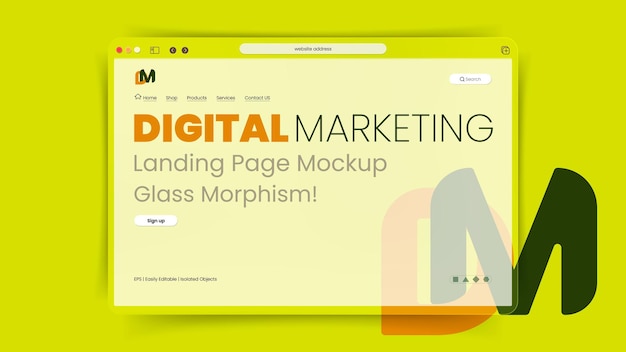 Vector transparant glas morfisme digitale marketing website landing page mockup op gele achtergrond