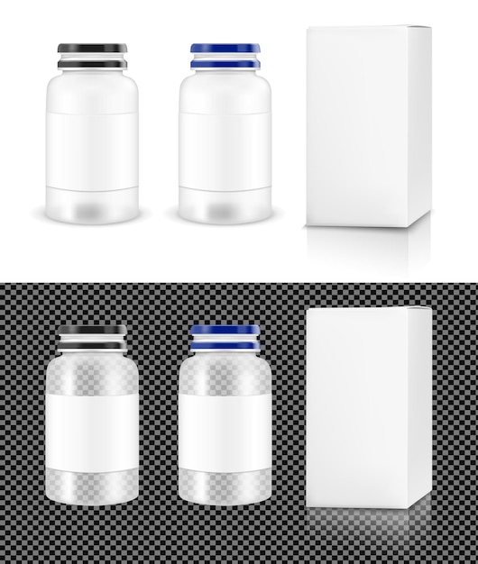 Vector transparante plastic pot met witte doos voor cosmetica en medicijnen