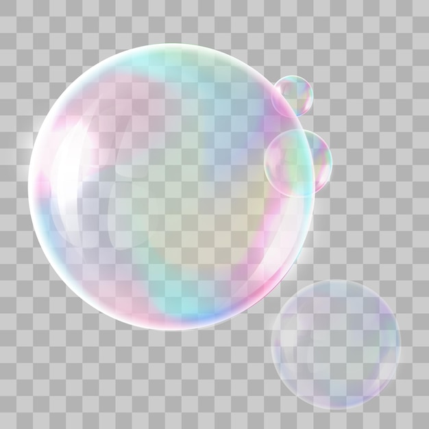 Векторные прозрачные разноцветные мыльные пузыри на клетчатом фоне.