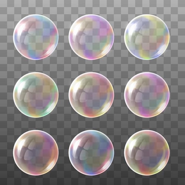 Векторные прозрачные разноцветные мыльные пузыри на клетчатом фоне