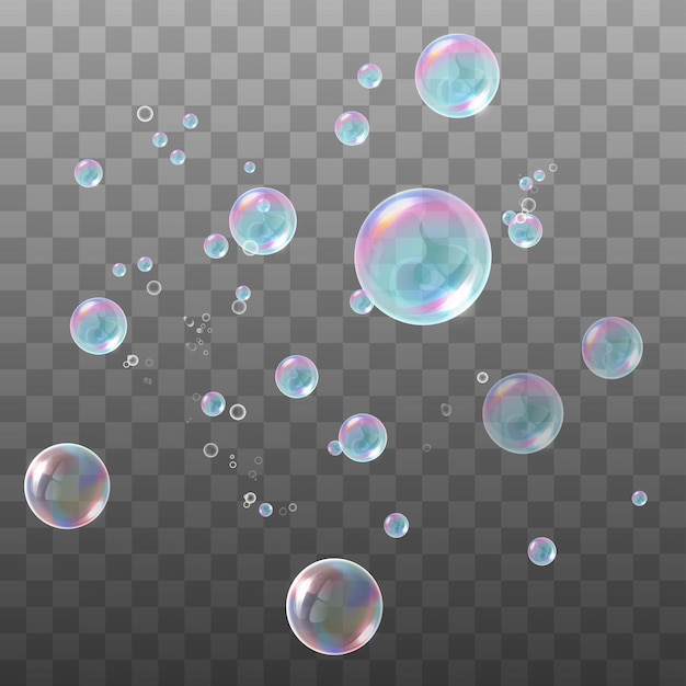 Vector transparent multicolored soap bubbles set on plaid background