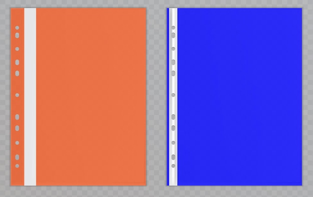 Векторные прозрачные пластиковые файлы. целлофановые папки для защиты документов. полупрозрачная коллекция канцелярских принадлежностей изолирована на заднем плане.