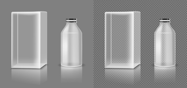 Barattolo di plastica trasparente vettoriale con scatola bianca per cosmetici, medicinali o cibo