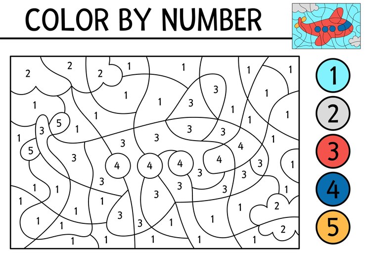 Vector vector transportation color by number activity with plane flying in the sky air transport scene black and white counting game with airplane coloring page for kids with aircraft xa