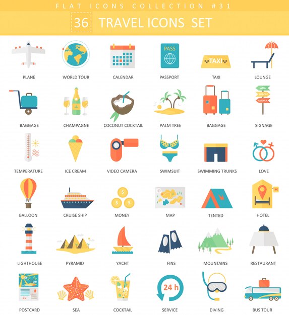 Vector travel color flat icon set. elegant style design.