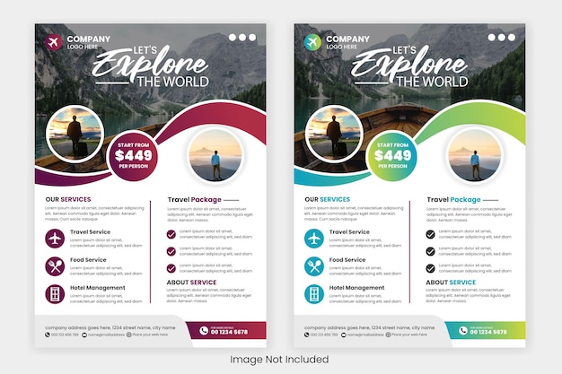 Дизайн флаера векторного путешествия и шаблон обложки брошюры для туристического агентства