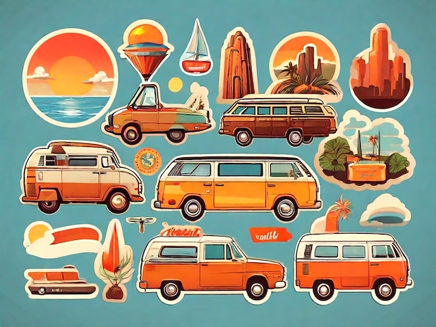 Vector vector travel sticker set in 70s style isolated