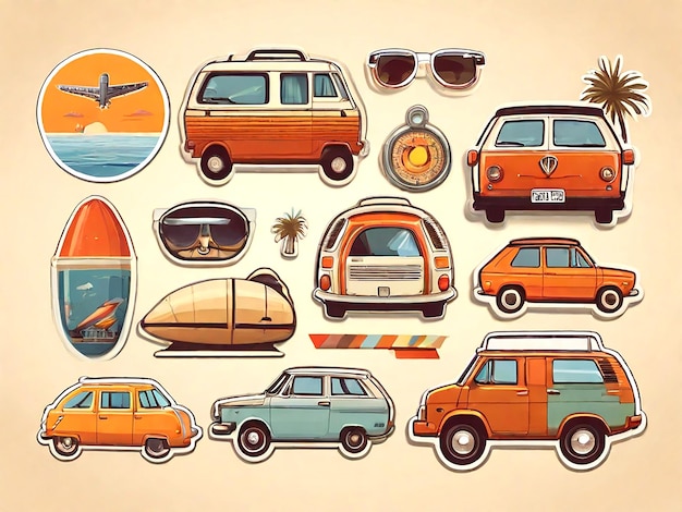 Vector Travel sticker set in 70s style isolated