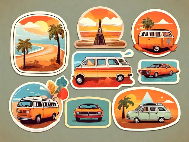 Vector Travel sticker set in 70s stijl geïsoleerd