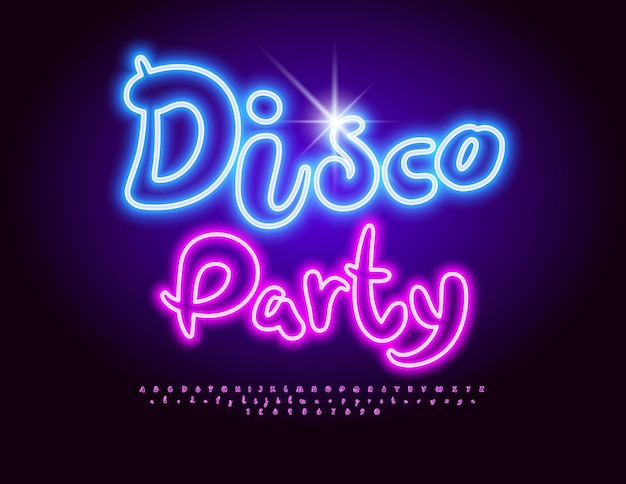 Banner vettoriale alla moda disco party creative neon font cool glowing alfabeto lettere e numeri set