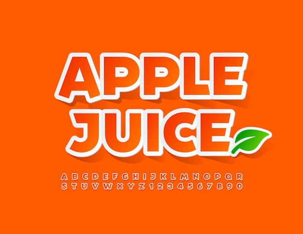 Vector trendy Emblem Apple Juice with Decorative Leaf Bright sticker Font Orange Alphabet set