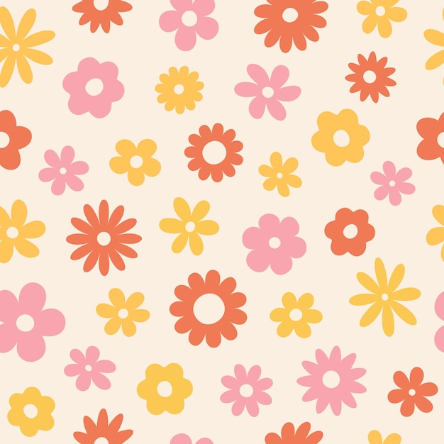 Vector trendy floral seamless pattern Retro 70s style hippie groovy daisy flowers background