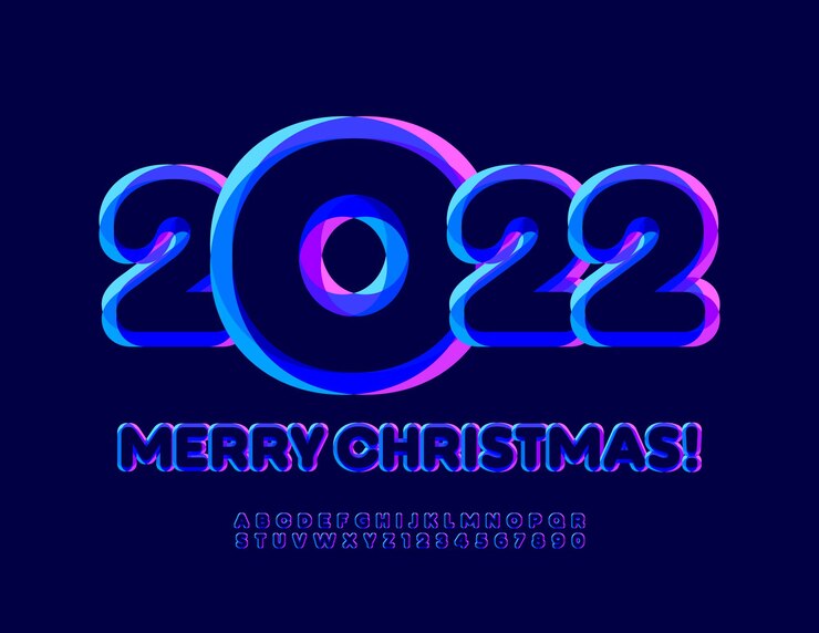 Vector vector trendy greeting card merry christmas 2022 colorful bright font artistic alphabet set