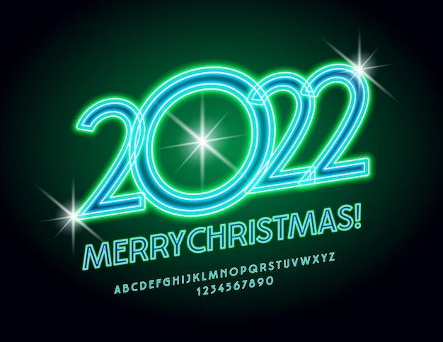벡터 벡터 유행 인사말 카드 메리 크리스마스 2022 녹색 네온 알파벳 문자와 숫자 세트