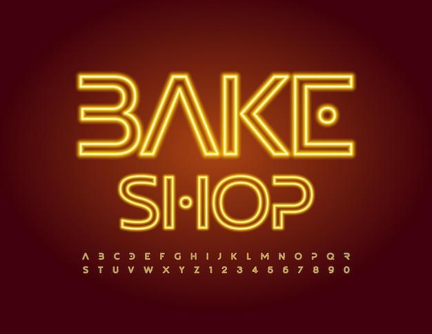 Векторный модный логотип Bake Shop со стильным набором светящихся букв и цифр Neon Font Gold