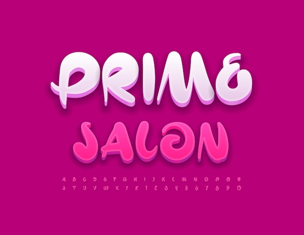 Vector trendy logo Prime Store with handwritten Font. Bright pink Alphabet Letters and Numbers set