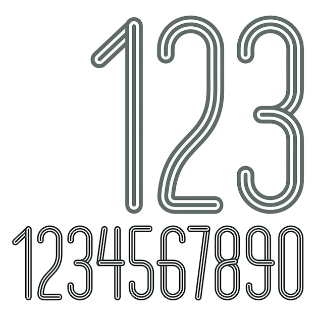 Vector  trendy numbers collection. Retro condensed numerals from 0 to 9 best for use in poster creation. Created using triple stripy, parallel lines.