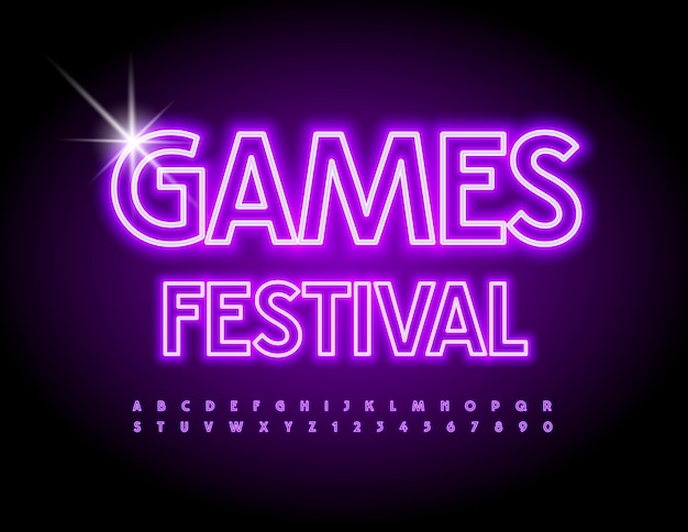 Vector trendy poster Game Festival Violet Neon Font Illuminated Led Alphabet Letters and Numbers