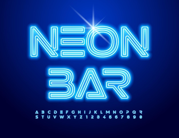 Vector trendy Poster Neon Bar Futuristische Neon Font Cool Glowing Alphabet Letters and Numbers set