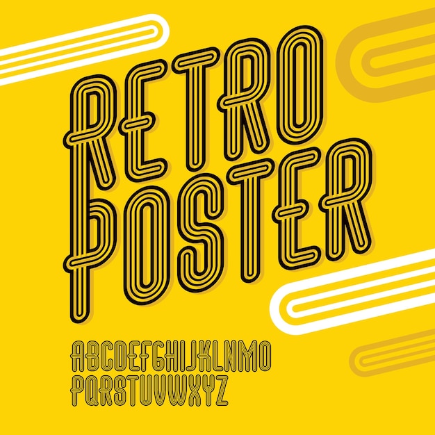 Vector trendy retro uppercase alphabet letters collection. disco thin, narrow type font, script from a to z can be used for logo creation. created using triple stripy, parallel lines