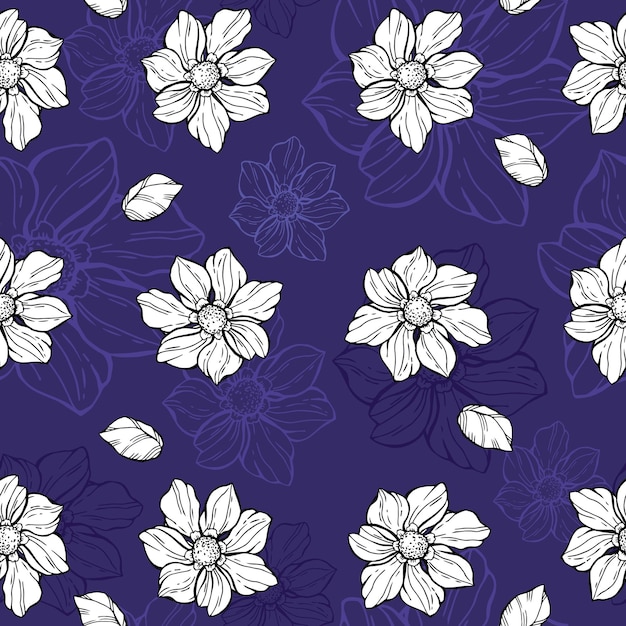 Vector trendy seamless pattern of luxury dahlia flowers and trendy botanical elements