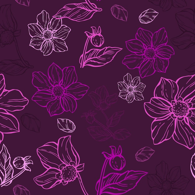 Vector trendy seamless pattern of luxury dahlia flowers and trendy botanical elements