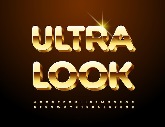 Vector trendy Sign Ultra Look Modern Gold Font Cool 3D Alphabet Letters and Numbers set