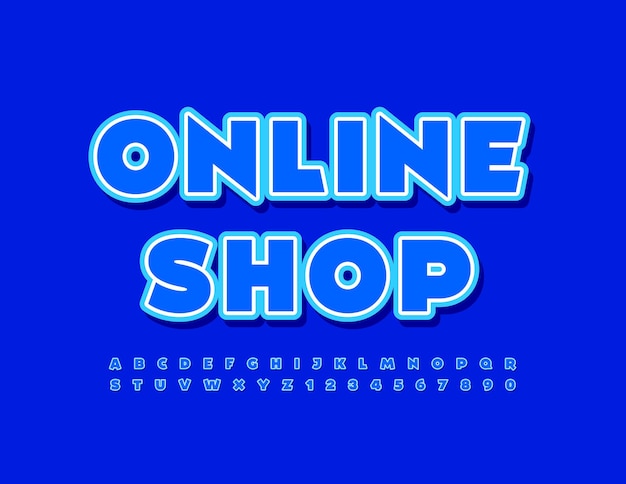 Modello alla moda di vettore negozio online con stile adesivo font. set di lettere e numeri dell'alfabeto moderno