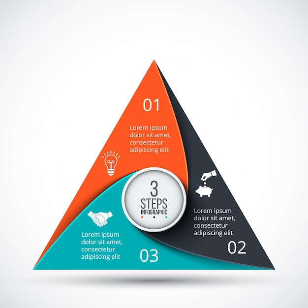 Vector triangle infographic template for cycle diagram with 3 options parts steps or processes