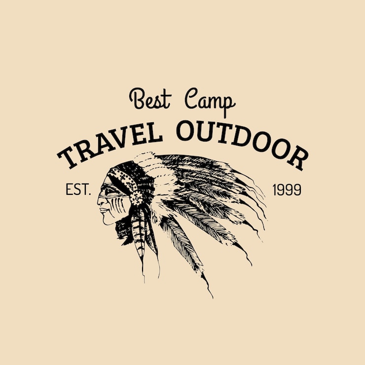 Vector vector tribal camp logo tourism sign with hand drawn indian portrait retro hipster emblem label of outdoor adventures
