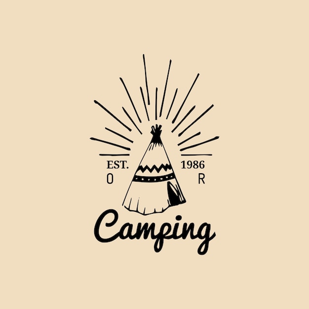 Логотип векторного племенного лагеря туристический знак с нарисованным вручную индийским вигвамом ретро хипстерская эмблема значок этикетка приключений на открытом воздухе