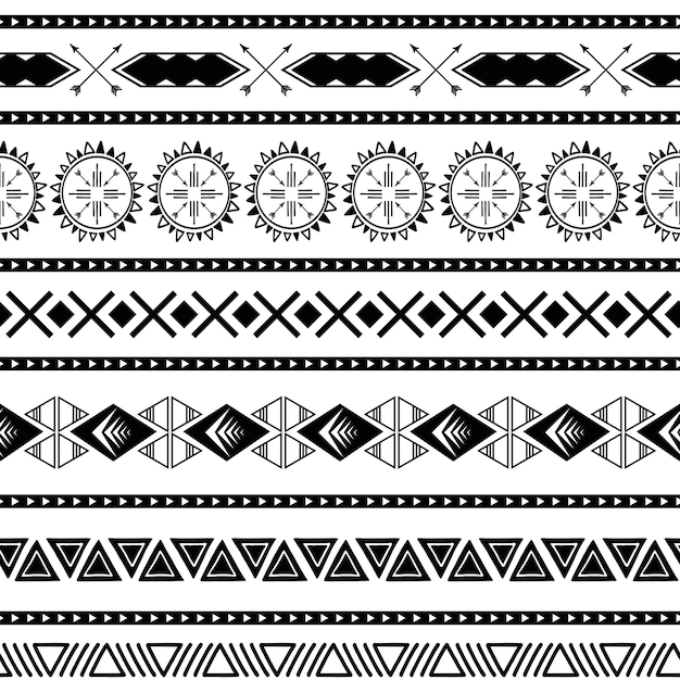 Vector tribal ethnic seamless pattern in black white colors Aztec geometric background Mexican ornament texture Native american traditional design Folk horizontal geometric print wallpaper wrap cloth