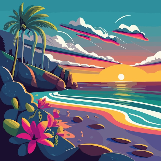 Vector vector tropical beach scene with many palm trees at day time