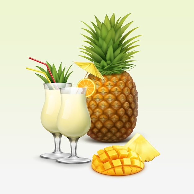 Vector vector tropical cocktails and fruits garnished with orange slice, pineapple wedge, red straw tubes, yellow umbrella isolated on light background