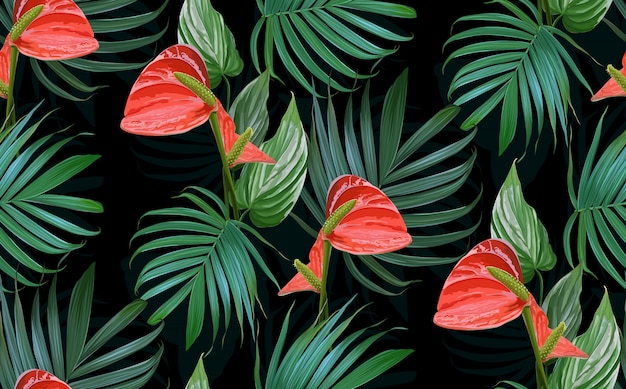 Vector vector tropical flowers and palm leaves seamless pattern.