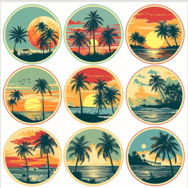 Вектор тропических пальмовых деревьев ландшафт туристический логотип плоский набор восход солнца закат остров эмблема туристическая фирма s