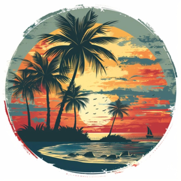 Vector tropical palm tree landscape travel logo flat set sunrise sunset island emblem tourism firm s