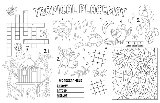 Tovaglietta tropicale vettoriale per bambini tappetino attività esotico estivo stampabile con cruciverba dottodot labirinto colore per numero tappetino da gioco in bianco e nero o pagina da colorare con simpatici animali della giungla uccelli xa