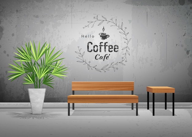 Vector vector tropical tree in cement pots with wooden chair in coffee cafe wallpaper background illustrati