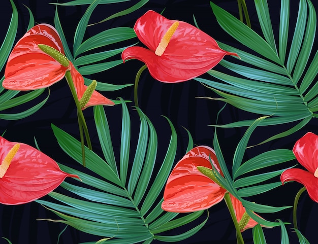 Vector Tropische bloemen en palmbladen naadloos patroon.
