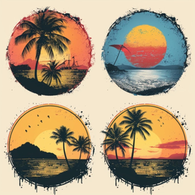 Vector tropische palm landschap reis logo platte set zonsopgang zonsondergang eiland embleem toerisme bedrijf s