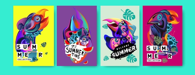 Vector tropische zomer poster set met vogel hoofd