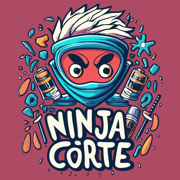 Vector tshirt design ninja cartoon style design text that says ninjacorte vibrant 3d render