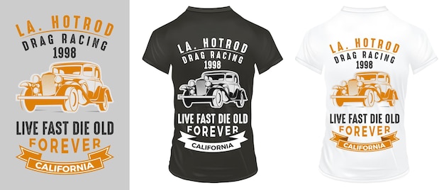 vector tshirt label design with an illustration of a Hotrod car