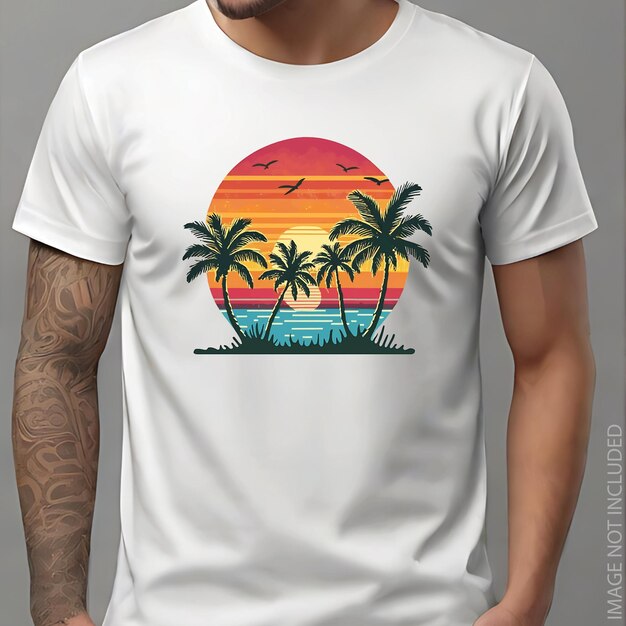 Vector vector tshirt with hawaiian sunset and palm trees vibrant colors