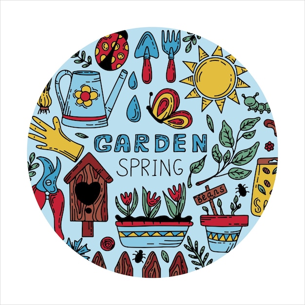 Vector tuinieren doodle banners cartoon hand getrokken geïsoleerde ontwerp tuinbouw elementen lente set