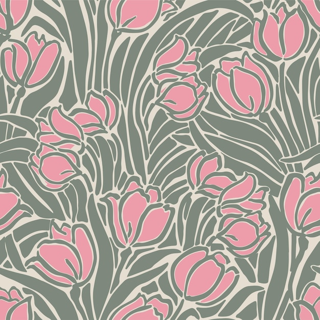 Vector tulip flower illustration seamless repeat pattern