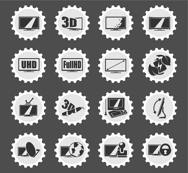 Vector tv features and specifications icons on stylized round postage stamps